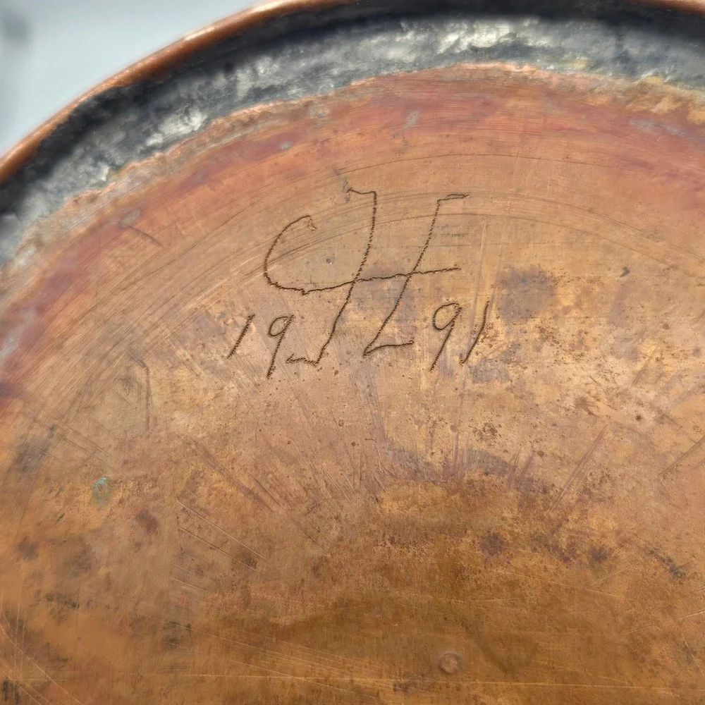 Vintage Artisan Made Hammered Copper Bucket Pail Brass‎ Handle Signed CH 1991